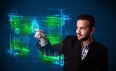 genç işadamı modern teknoloji paneli ile parmak p tuşuna basın
