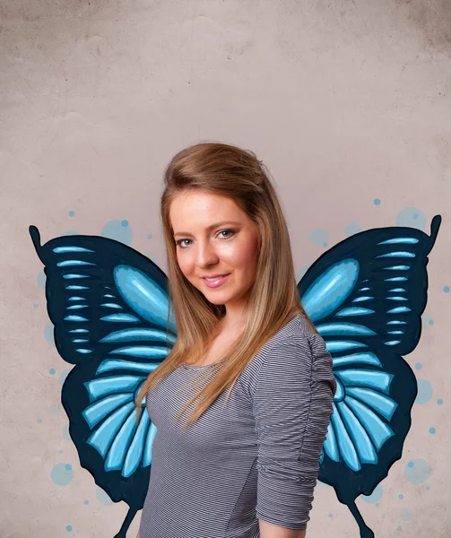 Mladá dívka s motýlí modré ilustrace na zadní straně — Stock fotografie