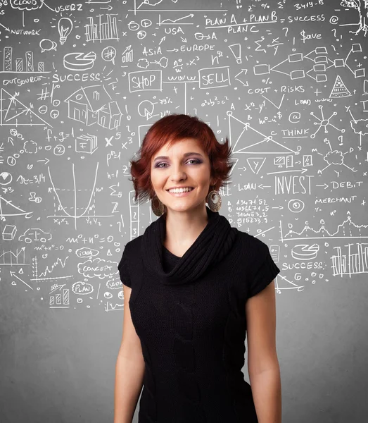 Young pretty lady with hand drawn calculations and icons — Stock Photo, Image