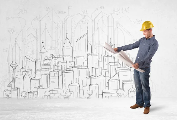 Construction worker with cityscape background — Stock Photo, Image