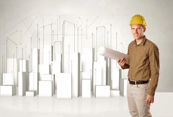 Construction worker planing with 3d buildings in background — Stock Photo, Image