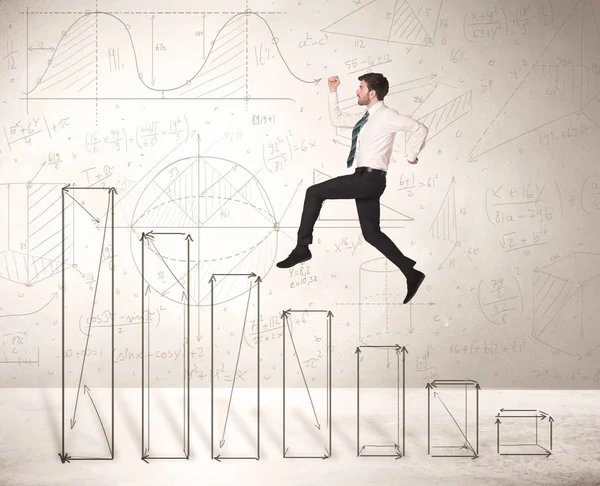 Schneller Geschäftsmann springt auf handgezeichneten Diagrammen hoch — Stockfoto