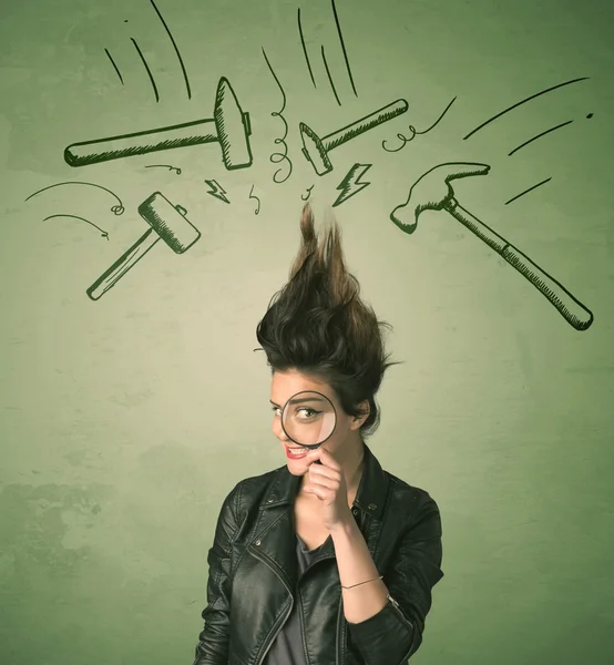 Tired woman with hair style and headache hammer symbols — Stock Photo, Image