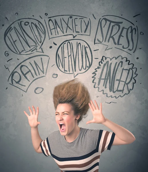 Mad young woman with extreme haisrtyle and speech bubbles — Stock Photo, Image