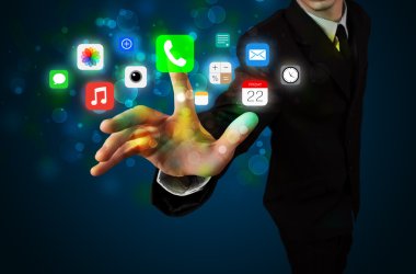 yakışıklı işadamı renkli mobil app simgeleri bok ile basarak