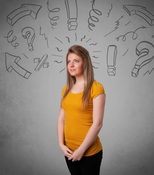 Carino giovane ragazza con domanda segno scarabocchi — Foto Stock