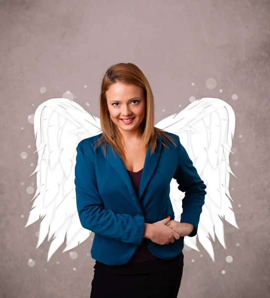 Χαριτωμένο κορίτσι με αγγελικό εικονογραφημένο φτερά — Φωτογραφία Αρχείου