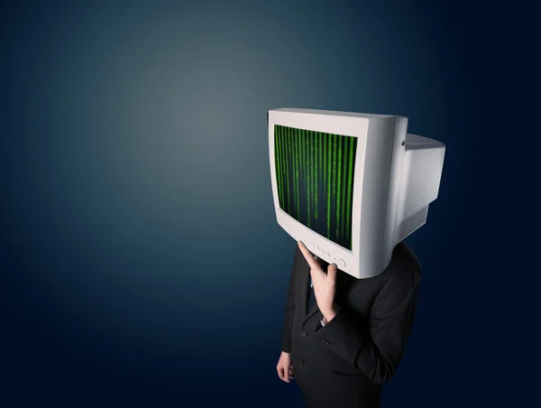 Cyber menselijke met een monitor scherm en computer-code op de displ — Stockfoto