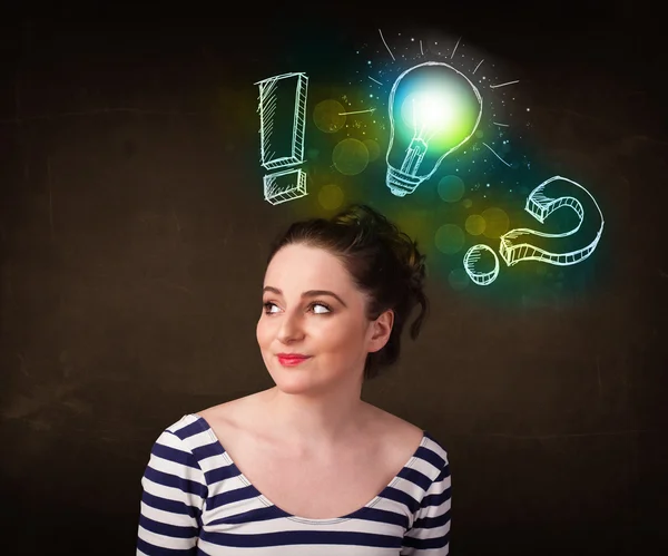 Young preety teenager with hand drawn light bulb illustration — Stock Photo, Image