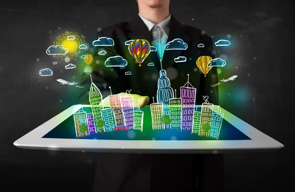 Young person showing tablet with hand drawn cityscape — Stock Photo, Image