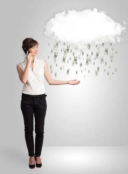 Γυναίκα με σύννεφο και βροχή χρήματα έννοια — Φωτογραφία Αρχείου
