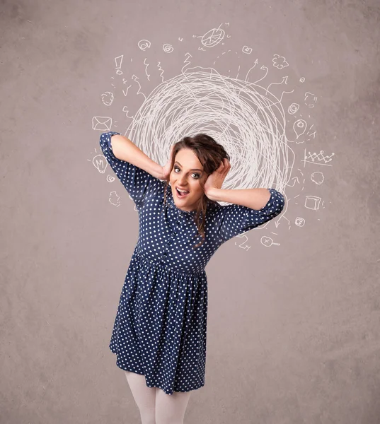 Ładna młoda dziewczyna z abstrakcyjnymi okrągłymi liniami doodle i ikonami — Zdjęcie stockowe