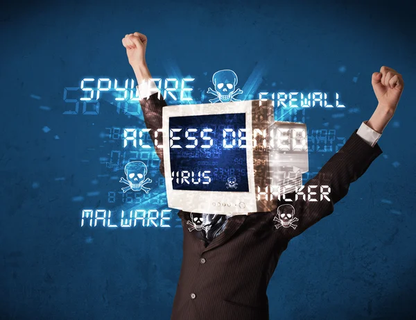 Monitor head person with hacker type of signs on the screen — Stock Photo, Image