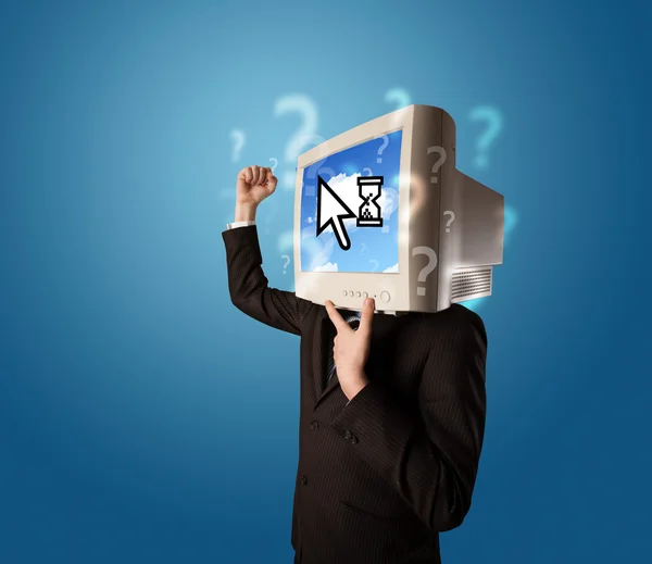 Person with a monitor head and cloud based technology on the scr — Stock Photo, Image