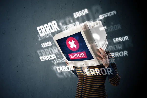 Female monitor head with error signs on the display screen — Stock Photo, Image