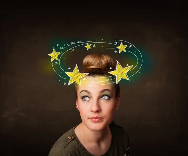 Flicka med gula stjärnor cirklar runt hennes huvud illustration — Stockfoto