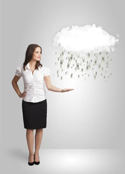 Woman with cloud and money rain concept — Stock Photo, Image