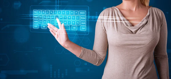 Girl pressing virtual type of keyboard — Stock Photo, Image