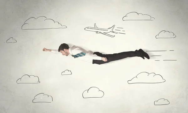 Cheerful business person flying between hand drawn sky clouds — Stock Photo, Image