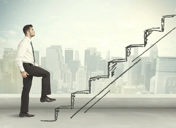 Business man climbing up on hand drawn staircase concept — Stock Photo, Image