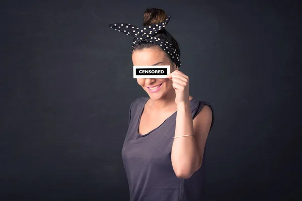 Pretty girl with censored paper sign — Stock Photo, Image