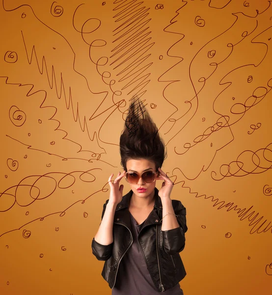 Excited young woman with extreme hairtsyle and hand drawn lines — Stock Photo, Image