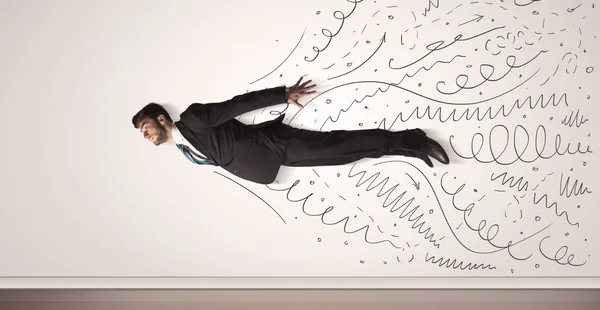 Hombre de negocios volando con líneas dibujadas a mano saliendo —  Fotos de Stock