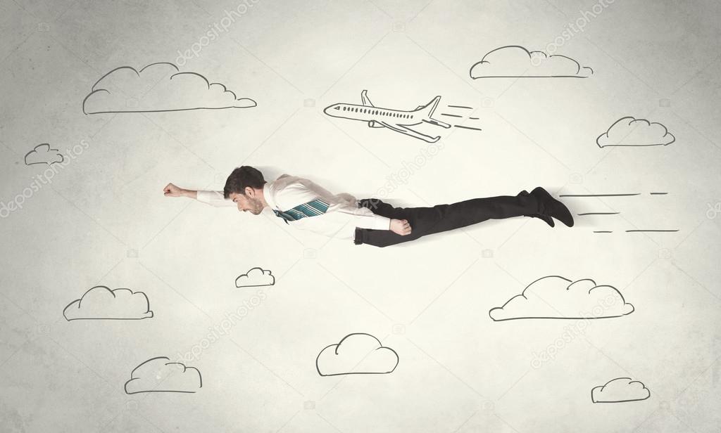 Cheerful business person flying between hand drawn sky clouds