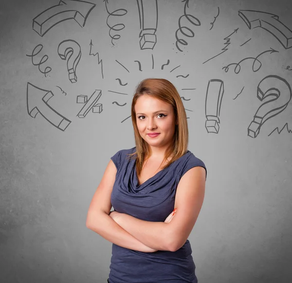 Cute young girl with question sign doodles — Stock Photo, Image