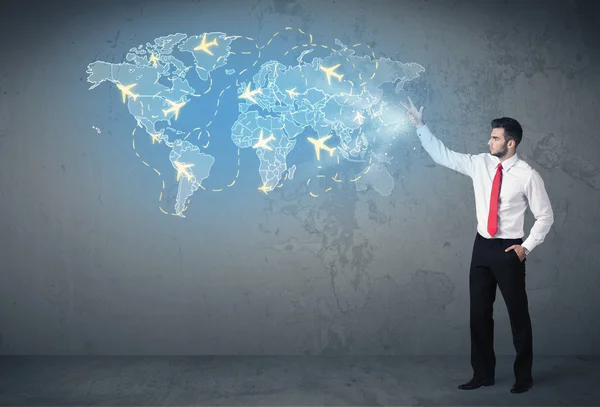 Business person showing digital map with planes around the world — Stock Photo, Image