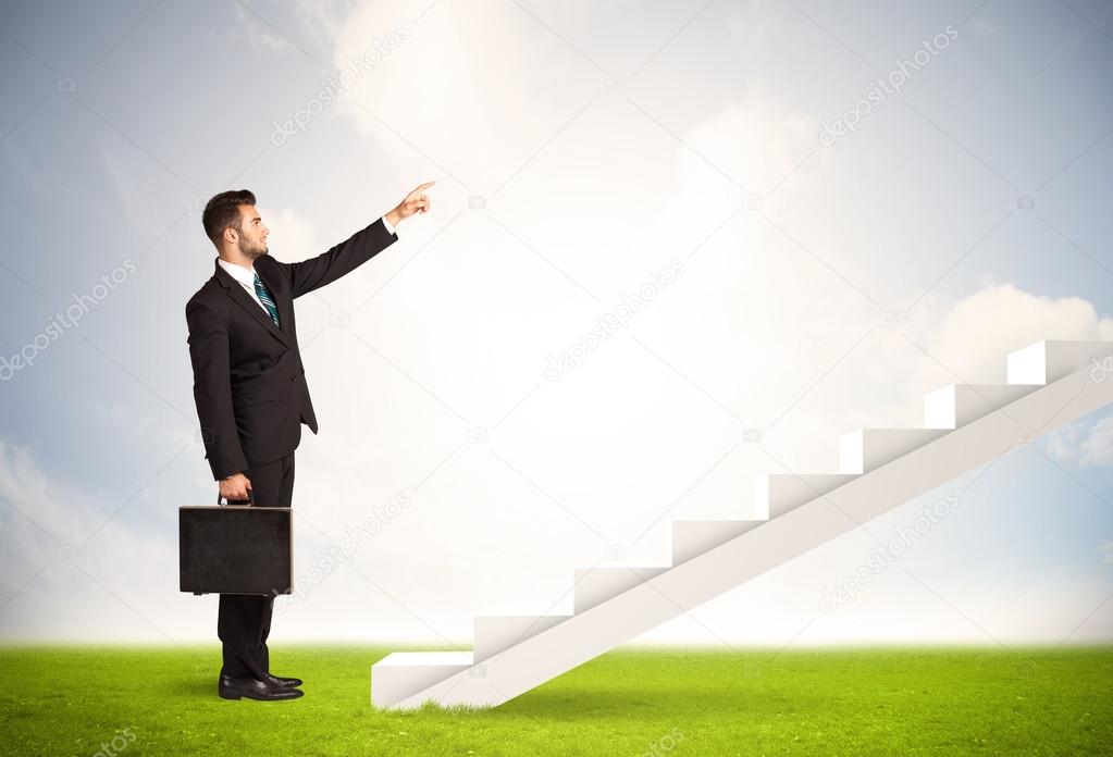 Business person climbing up on white staircase in nature