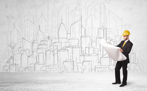 Construction worker with cityscape background — Stock Photo, Image