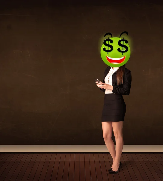 Mujer con signo de dólar cara sonriente —  Fotos de Stock