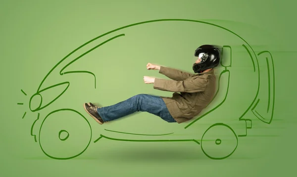 El hombre conduce un coche eléctrico ecológico dibujado a mano —  Fotos de Stock