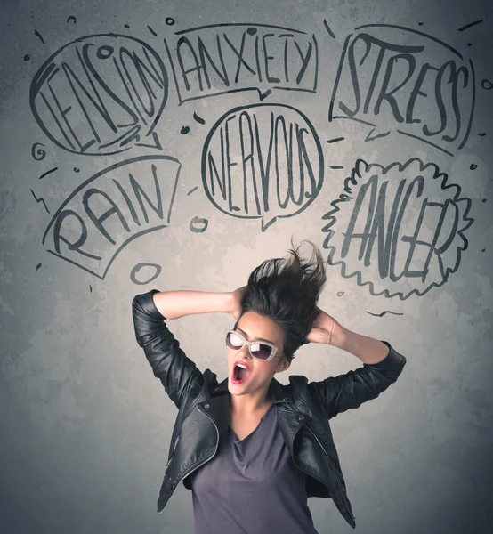 Mad young woman with extreme haisrtyle and speech bubbles — Stock Photo, Image