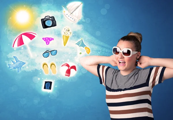 Happy joyful woman with sunglasses looking at summer icons — Stock Photo, Image