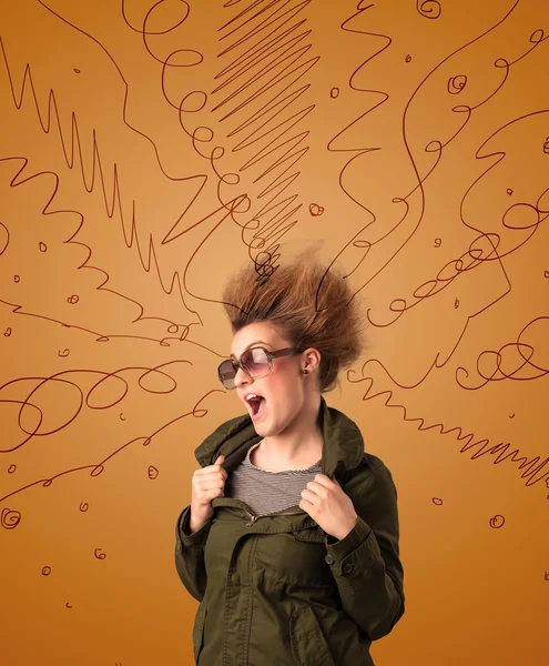 Excited young woman with extreme hairtsyle and hand drawn lines — Stock Photo, Image