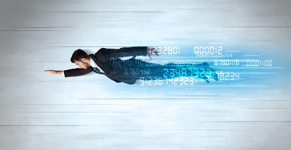 Empresário voando super rápido com números de dados deixados para trás — Fotografia de Stock