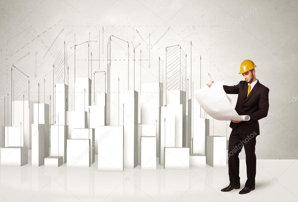 Construction worker planing with 3d buildings in background 
