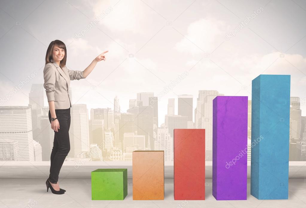 Business person climbing up on colourful chart pillars concept