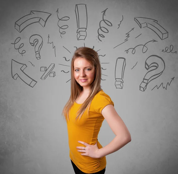 Carino giovane ragazza con domanda segno scarabocchi — Foto Stock