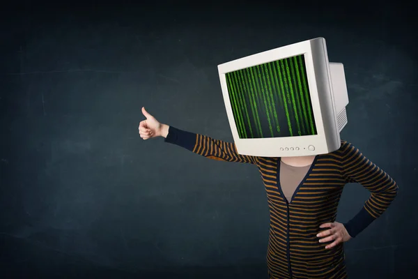 Cyber human with a monitor screen and computer code on the displ — Stock Photo, Image