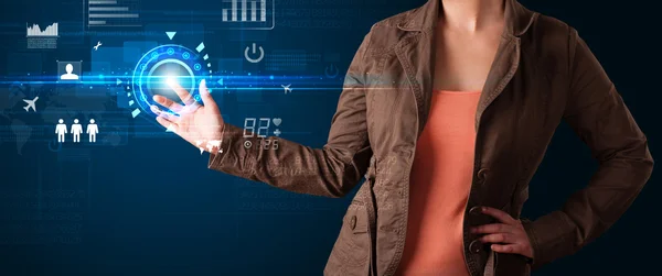 Young business woman touching future web technology buttons and — Stock Photo, Image