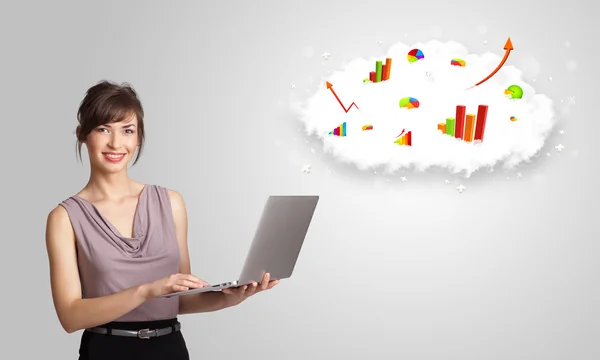 Young woman presenting cloud with graphs and charts — Stock Photo, Image