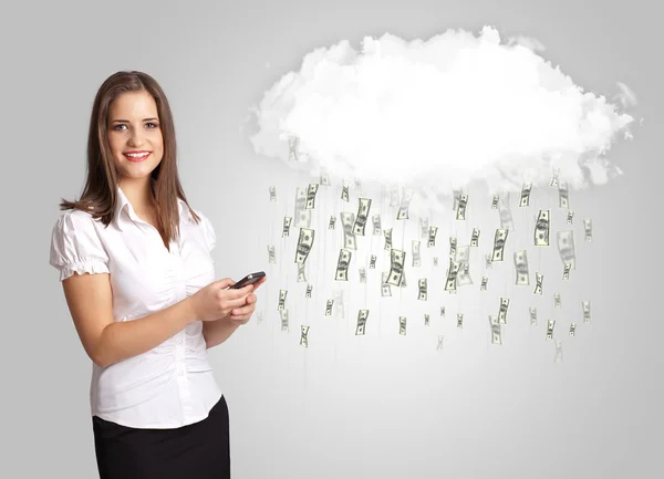 Woman with cloud and money rain concept — Stock Photo, Image