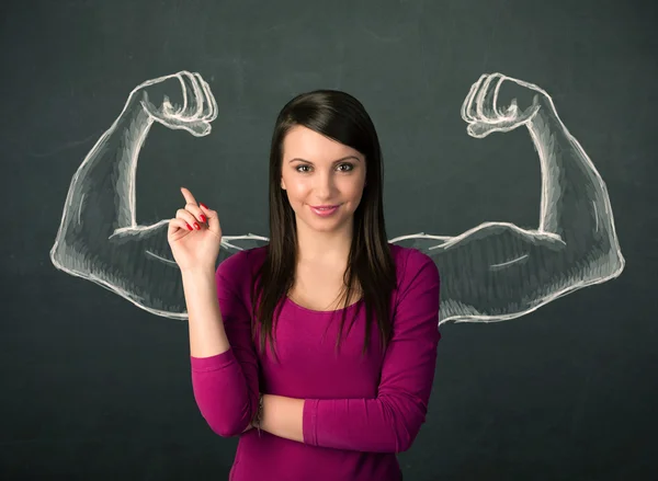 Mujer con brazos fuertes y musculosos dibujados —  Fotos de Stock