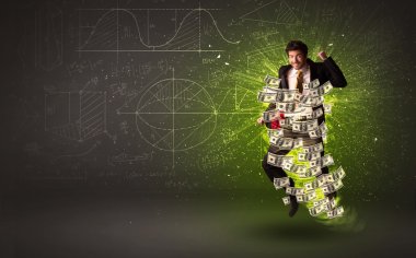 Çevresinde dolar banknotlarıyla atlayan neşeli bir iş adamı.