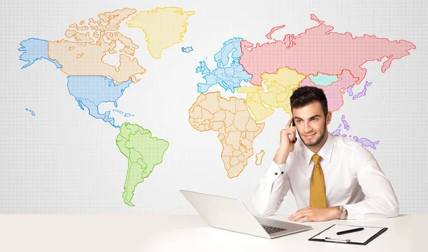 Business man with colorful world map background — Stock Photo, Image