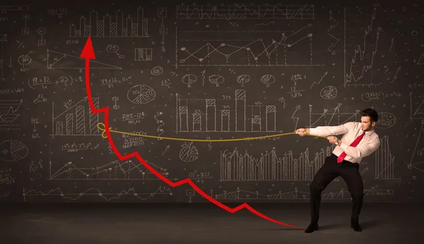 Üzletember húzza a piros nyíl egyenesen egy kötéllel — Stock Fotó