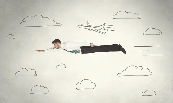 Cheerful business person flying between hand drawn sky clouds — Stock Photo, Image